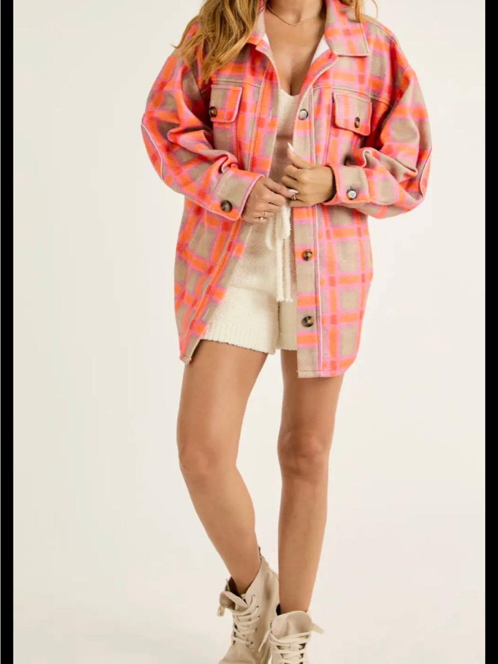 Plaid Pink & Beige Shacket Jacket